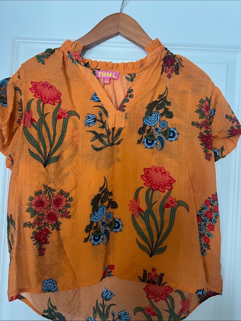 THML Orange Floral Short-Sleeve V-Neck Blouse